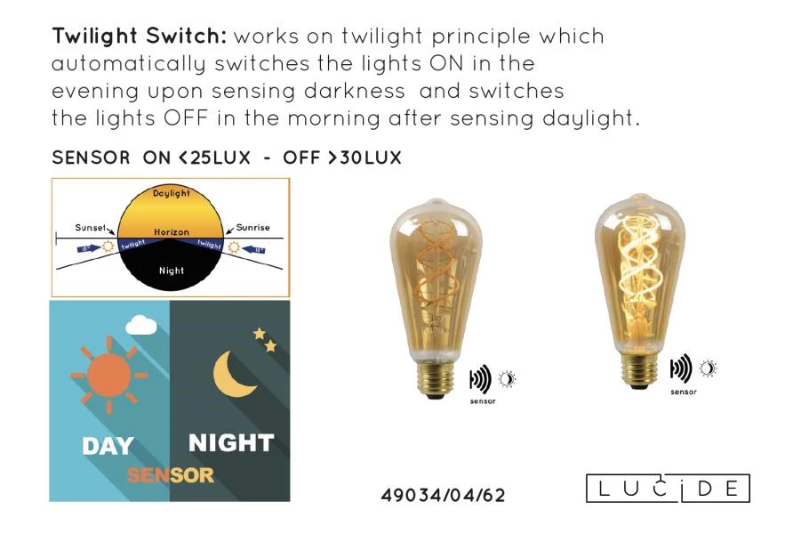 Lucide ST64 TWILIGHT SENSOR - Ampoule filament - Ø 6,4 cm - LED - E27 - 1x4W 2200K - Détecteur Jour/Nuit - Ambre - détail 9